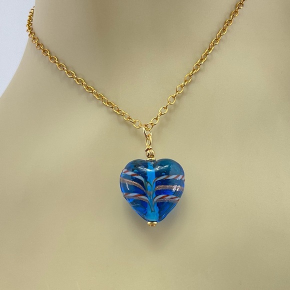 Blue Lamp Work Heart Pendant Necklace, Artisan Lamp Work Heart, Murano Italy - Picture 2 of 10